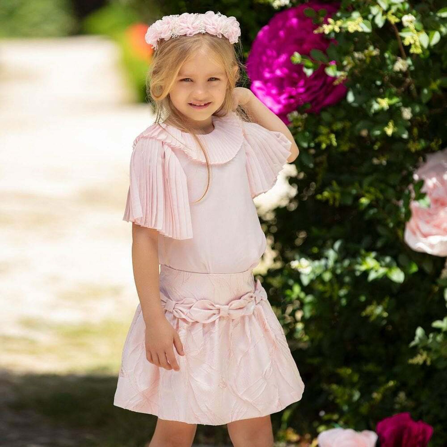 Girls Pink Jacquard Bow Skirt, 1, hi-res image number null