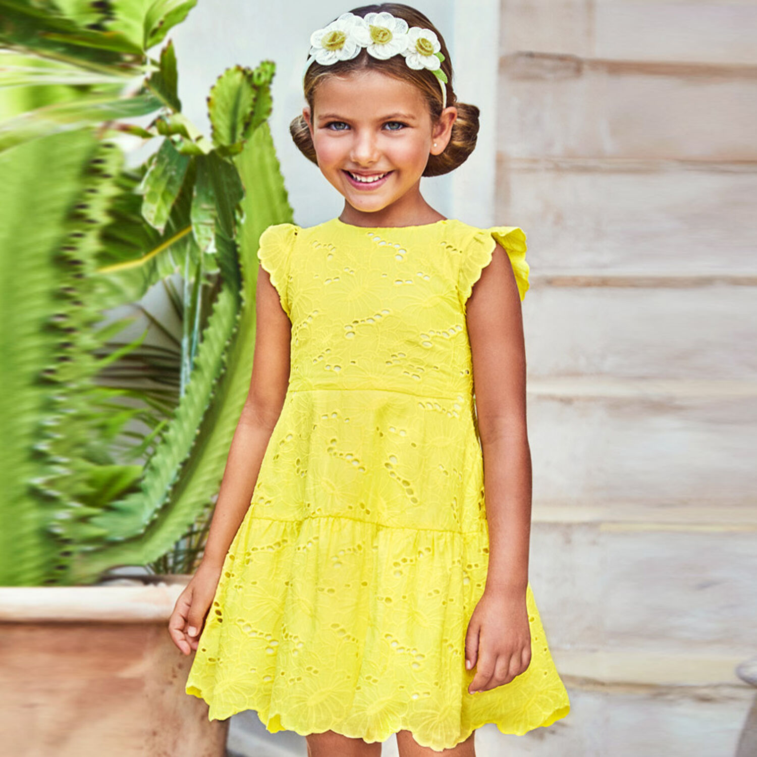 Girls Yellow Broderie Anglaise Dress, 1, hi-res