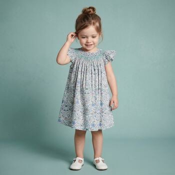 فستان بنات من قماش ليبرتي مكشكش باللون الأزرق والأخضر