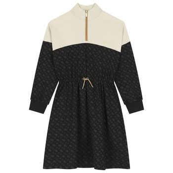 Girls Ivory & Black Logo Dress