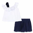 Girls White & Navy Blue Top & Shorts, 1, hi-res