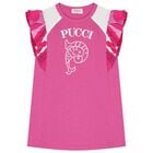 فستان لبلبنات باللون وردي وأبيض مكشكش بشعار, 2, hi-res