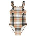Girls Beige Check Ruffled Swimsuit, 1, hi-res