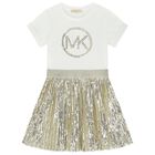 Girls Ivory & Gold Logo Sequin Dress, 2, hi-res