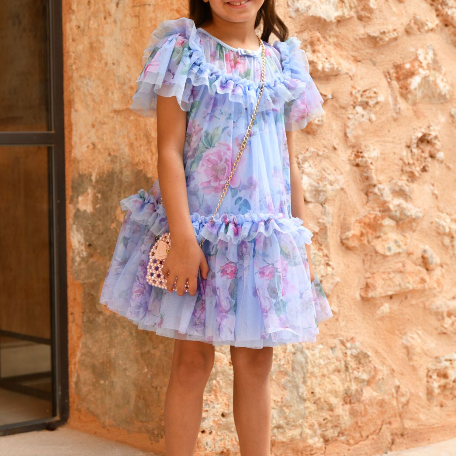 فستان بنات من التول بفيونكه باللون الذهبي , 1, hi-res