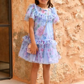 فستان بنات من التول مزين بالزهور باللون الازرق 