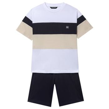 Boys White, Black & Beige Striped Shorts Set