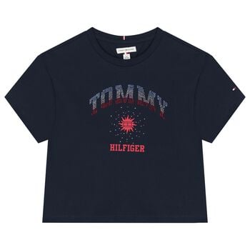 Girls Navy Blue Rhinestone Logo T-Shirt