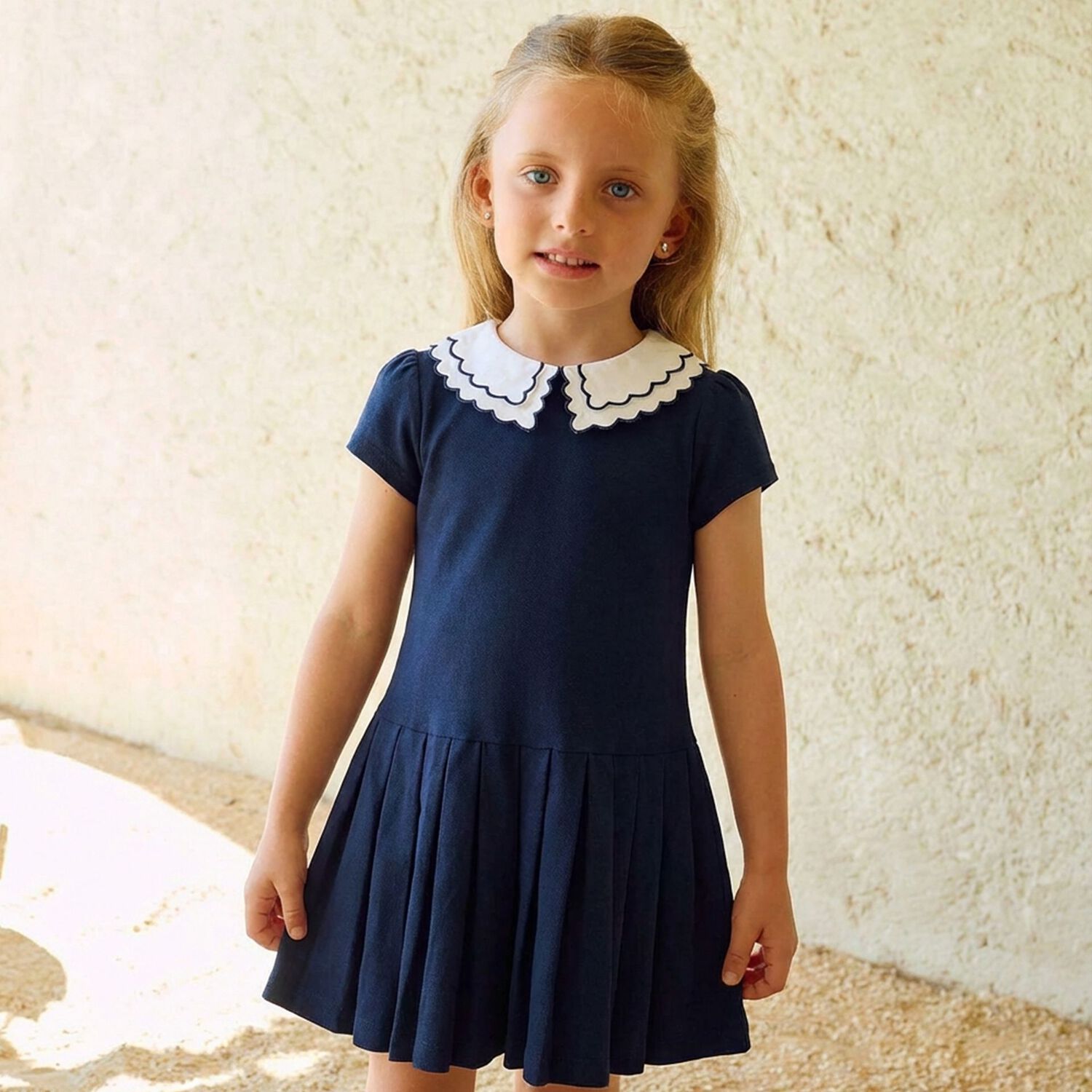 Girls Navy Blue Pleated Dress, 1, hi-res