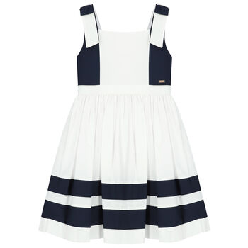 Girls White & Navy Cotton Dress