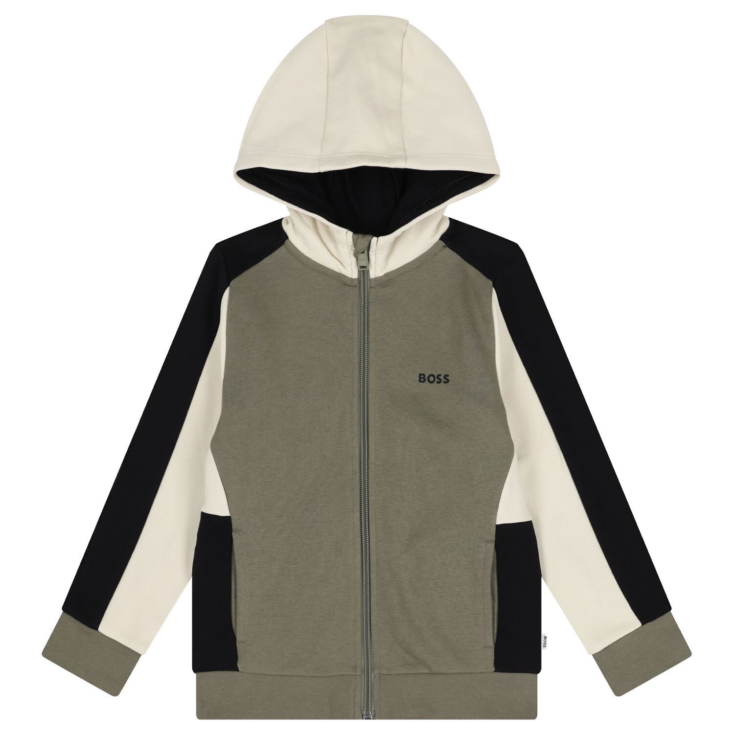Boys Green, Black & Ivory Logo Hooded Zip Up Top, 3, hi-res