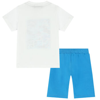 Younger Boys White & Blue Logo Shorts Set