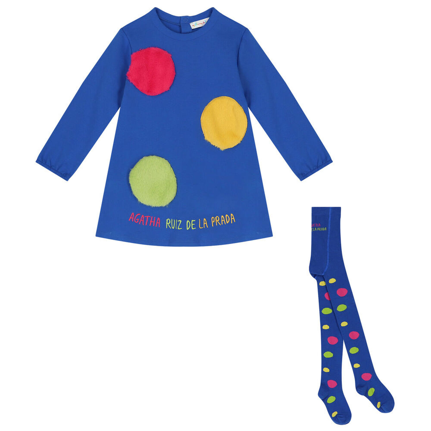 طقم فستان بنات بالشعار باللون الأزرق, 1, hi-res