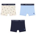 Boys Ivory, Blue & Navy Blue Logo Boxer Shorts ( 3-Pack ), 2, hi-res