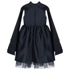 Girls Navy Blue Crystal Cape Sleeve Dress, 1, hi-res