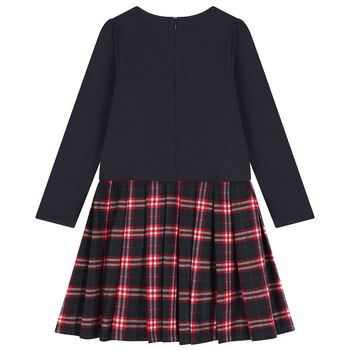Girls Navy Blue & Red Bow Tartan Dress