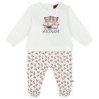 Baby Boys White Teddy Bear Logo Babygrow, 1, hi-res