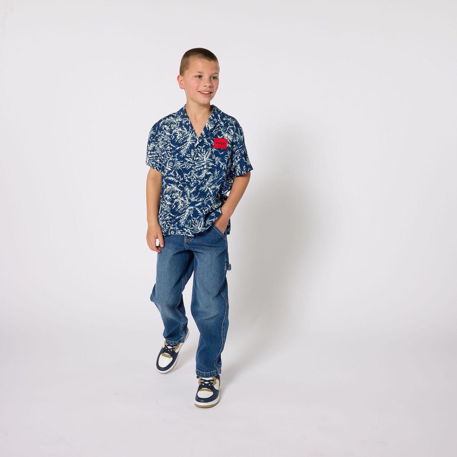 Boys Navy Blue Pine Tree Shirt, 1, hi-res