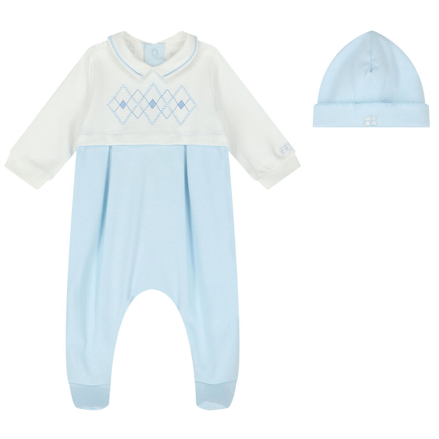 Baby Boys White & Blue Embroidered Babygrow Set, 1, hi-res image number null