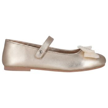 Girls Gold Leather Tulle Bow Shoes