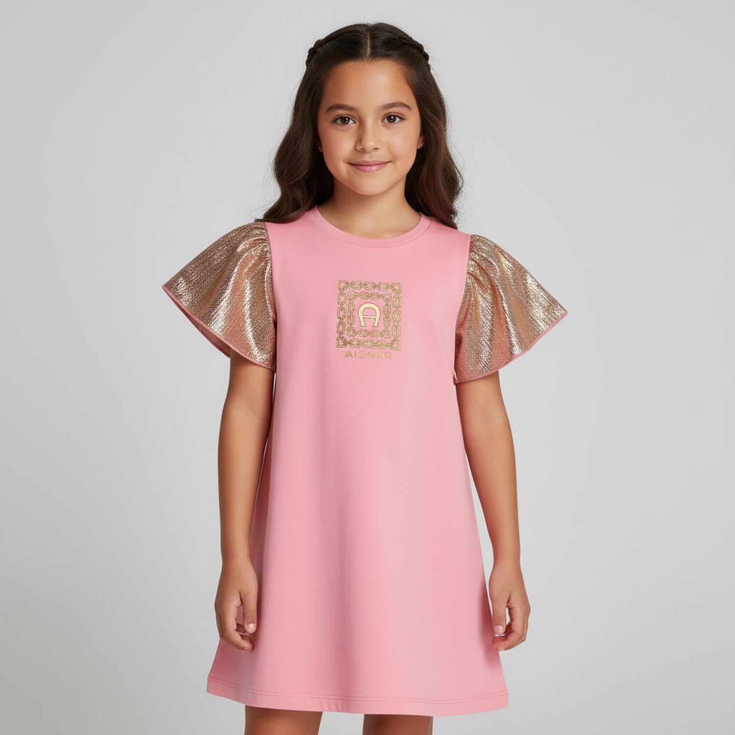 Girls Pink & Gold Logo Dress, 2, hi-res image number null