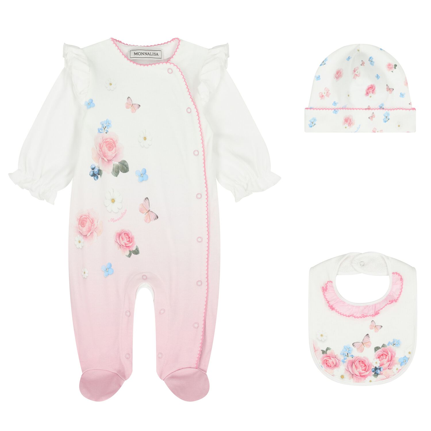 طقم هدايا ملابس أطفال بناتي مزين بالزهور باللون ألابيض والوردي , 1, hi-res