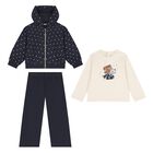 Younger Girls Ivory & Navy Blue Cat 3 Piece Tracksuit, 1, hi-res