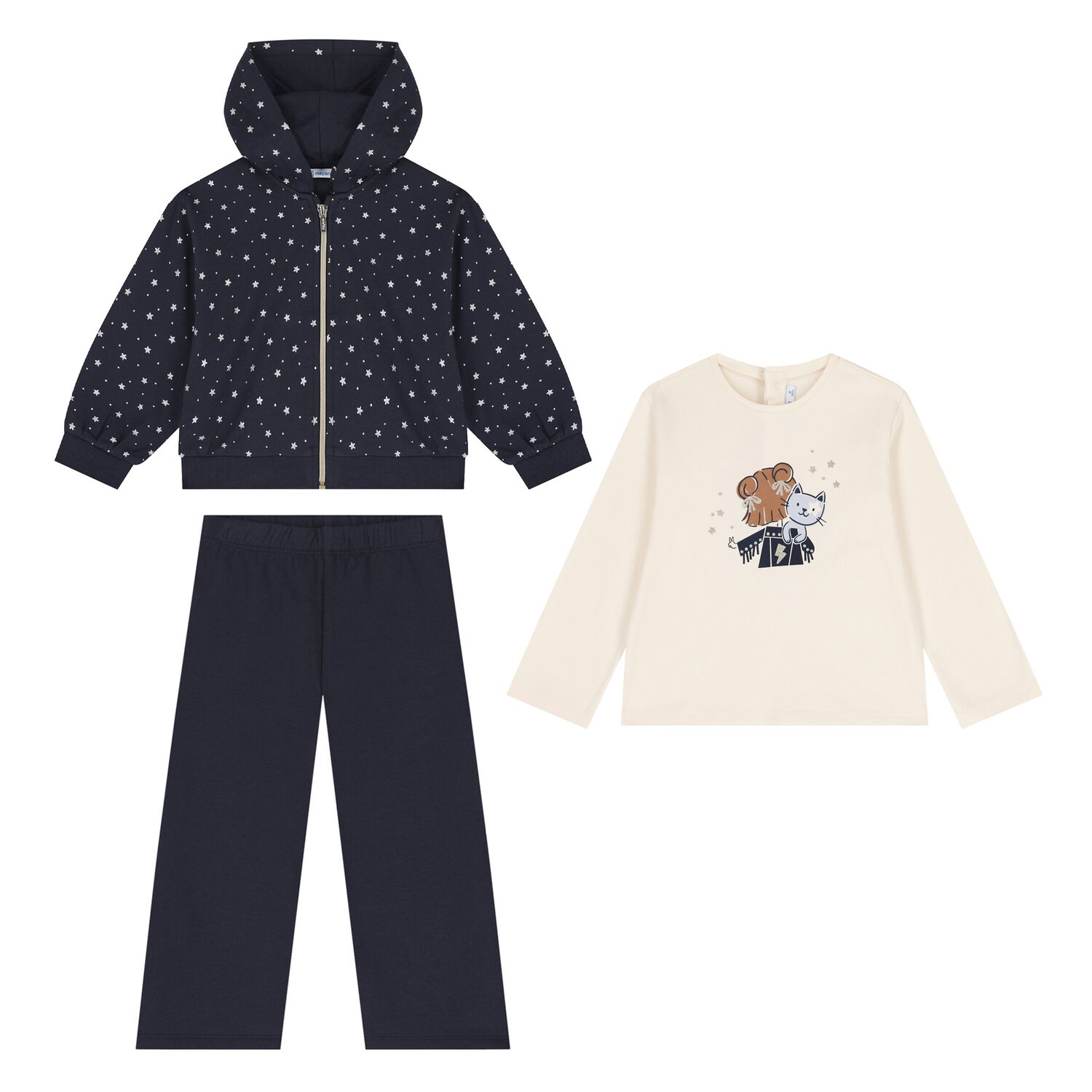 Younger Girls Ivory & Navy Blue Cat 3 Piece Tracksuit, 1, hi-res