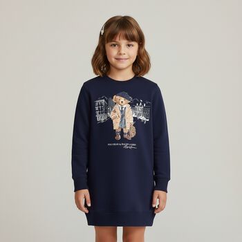 Girls Navy Blue Polo Bear Sweatshirt Dress, 1 Girls Navy Blue Polo Bear Sweatshirt Dress