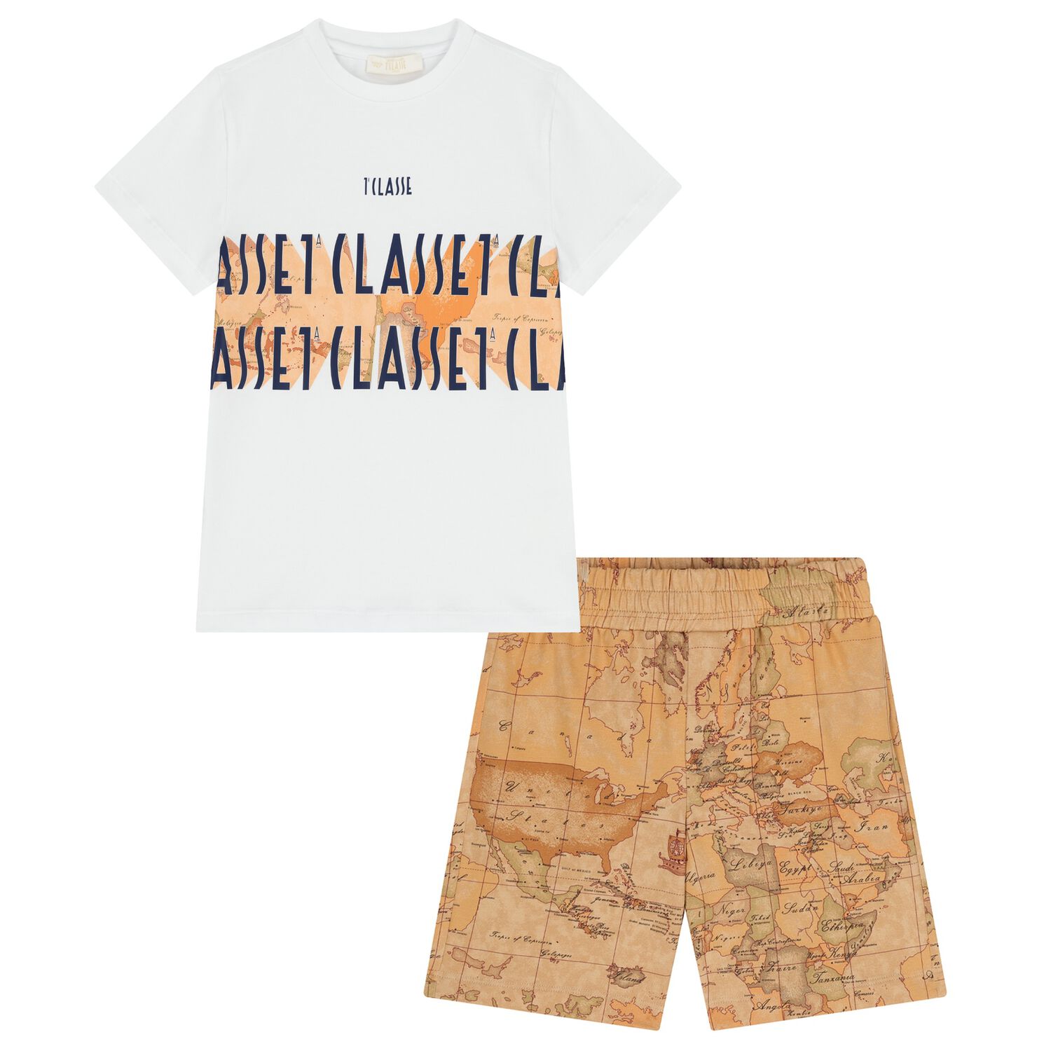 طقم شورت للأولاد باللون الأبيض والبيج بنقشة خريطة جغرافية, 1, hi-res