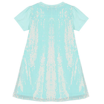 Girls Aqua Sequin Logo Dress