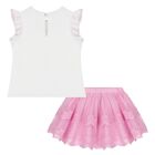 Younger Girls White & Pink Tulle Skirt Set, 1, hi-res