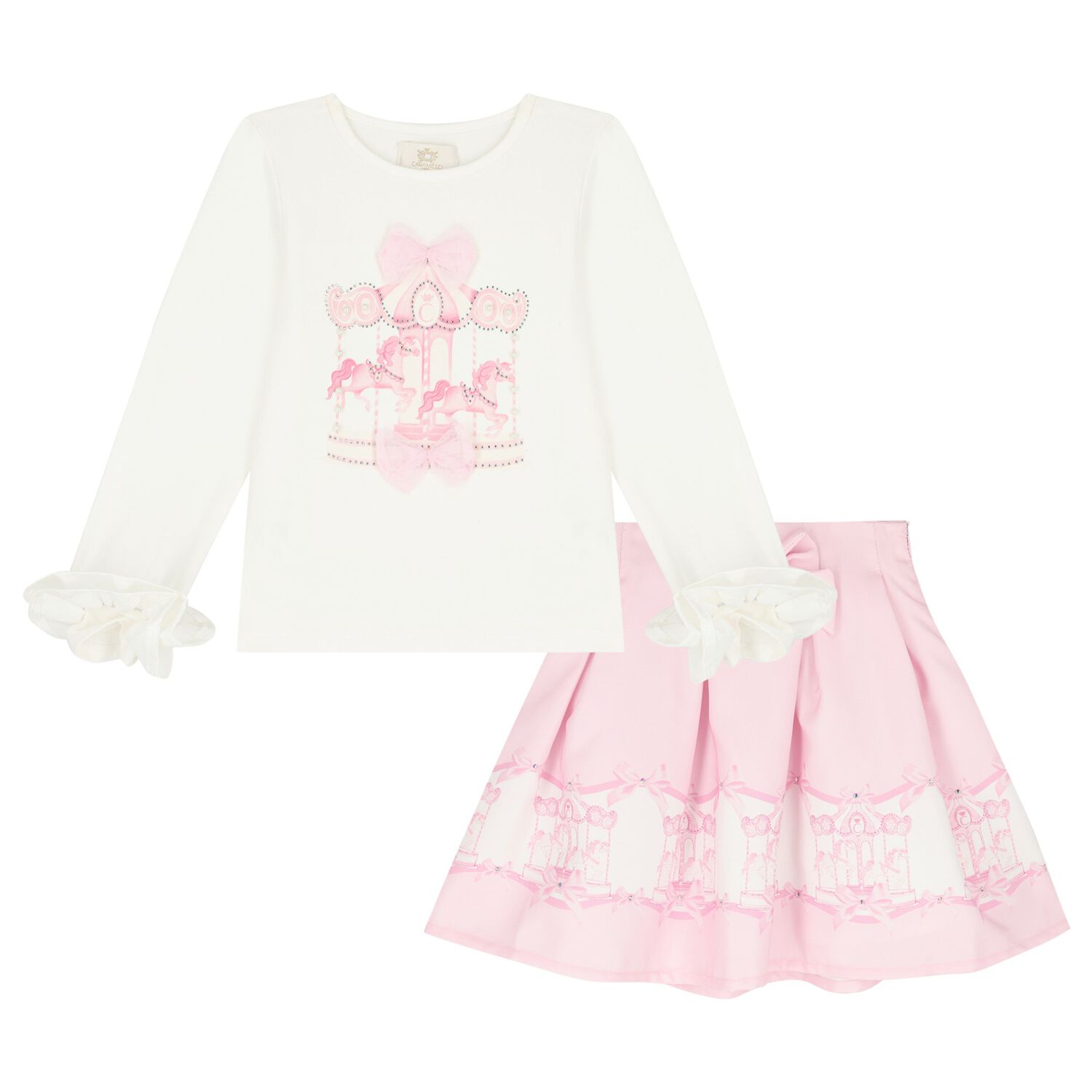 Girls Ivory & Pink Carousel Skirt Set, 1, hi-res image number null