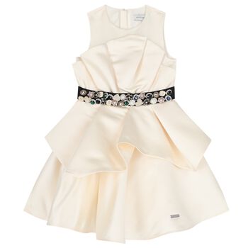 Girls Ivory Crystal Satin Ruffle Dress