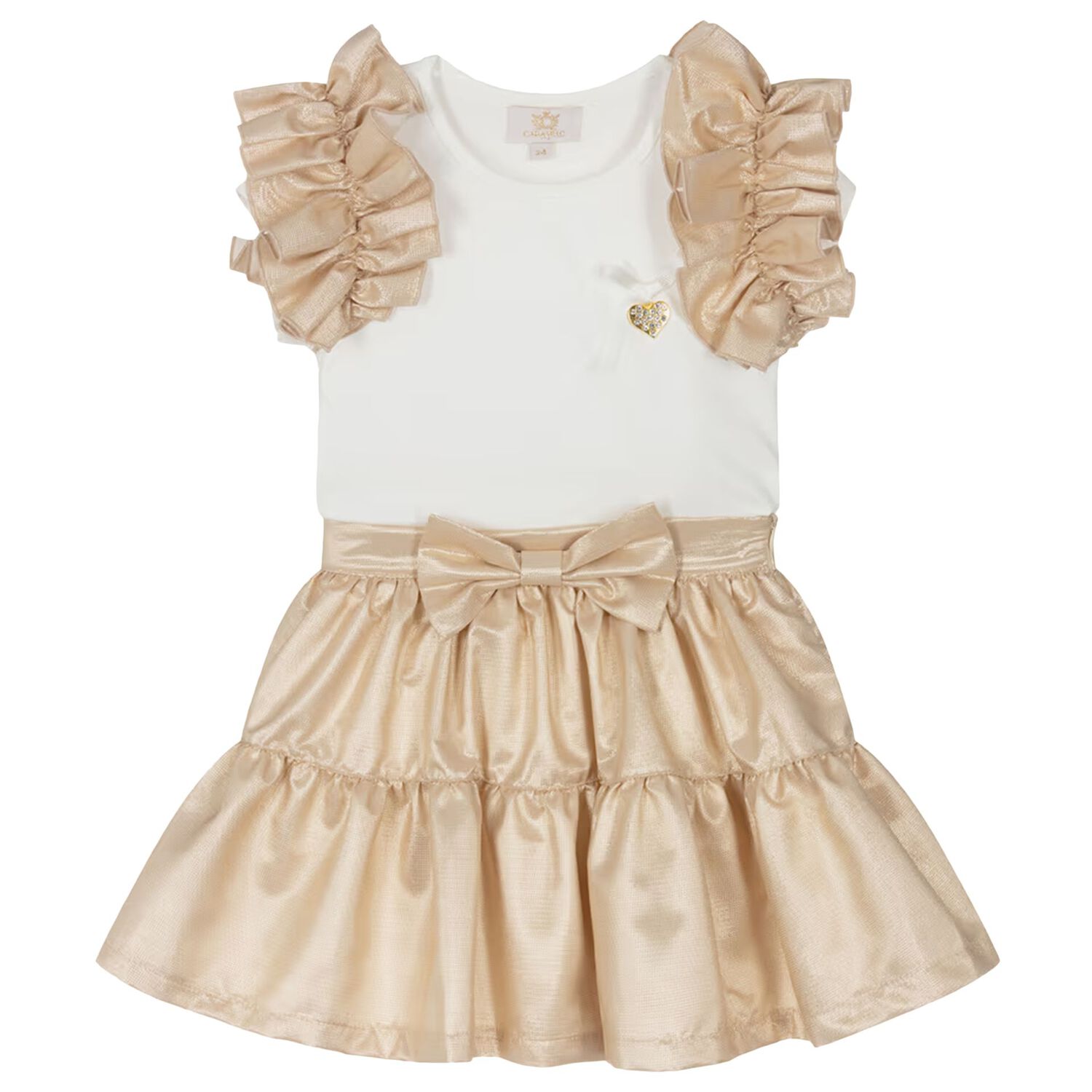 Girls White & Gold Ruffle Skirt Set, 1, hi-res
