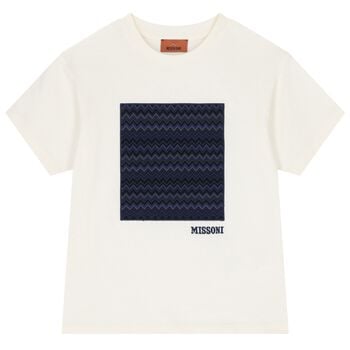 Boys Ivory & Blue Zig Zag Logo T-Shirt