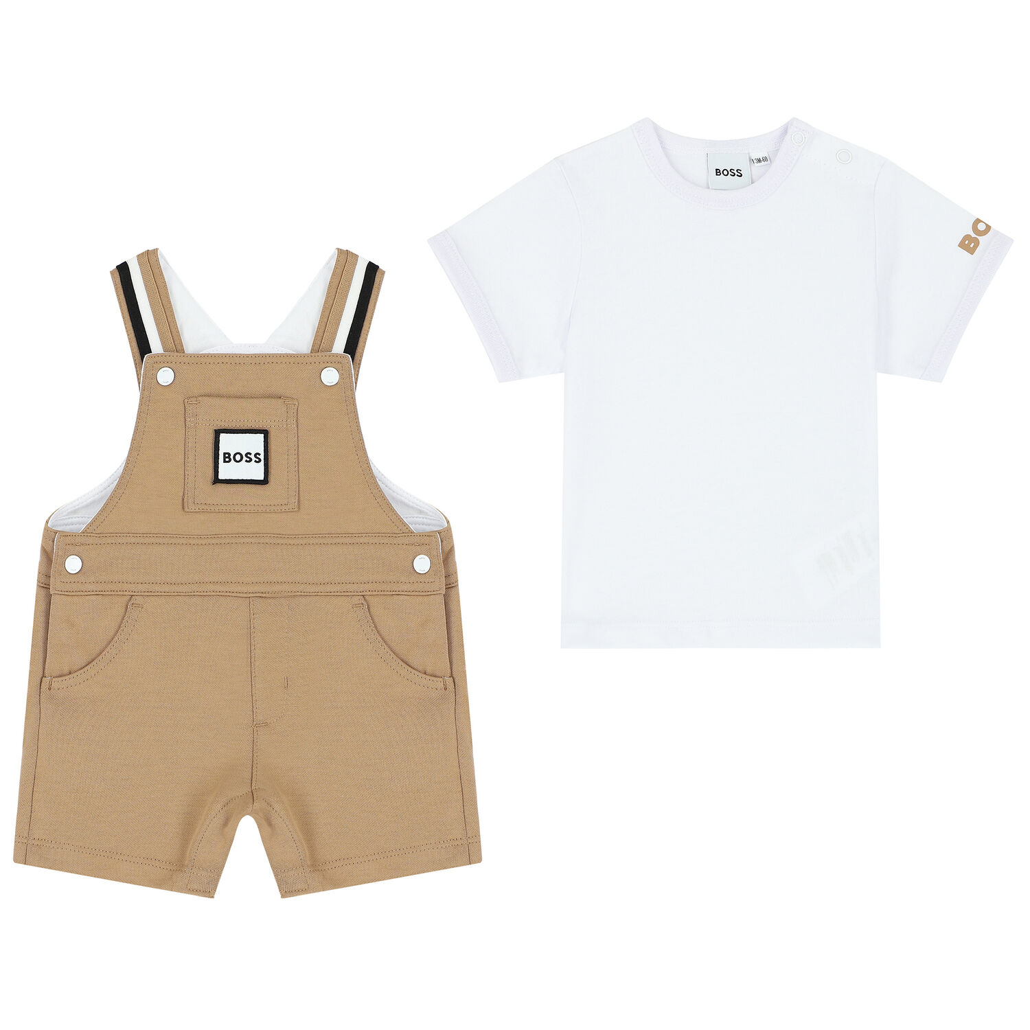 Baby Boys White & Beige Dungaree Set, 1, hi-res