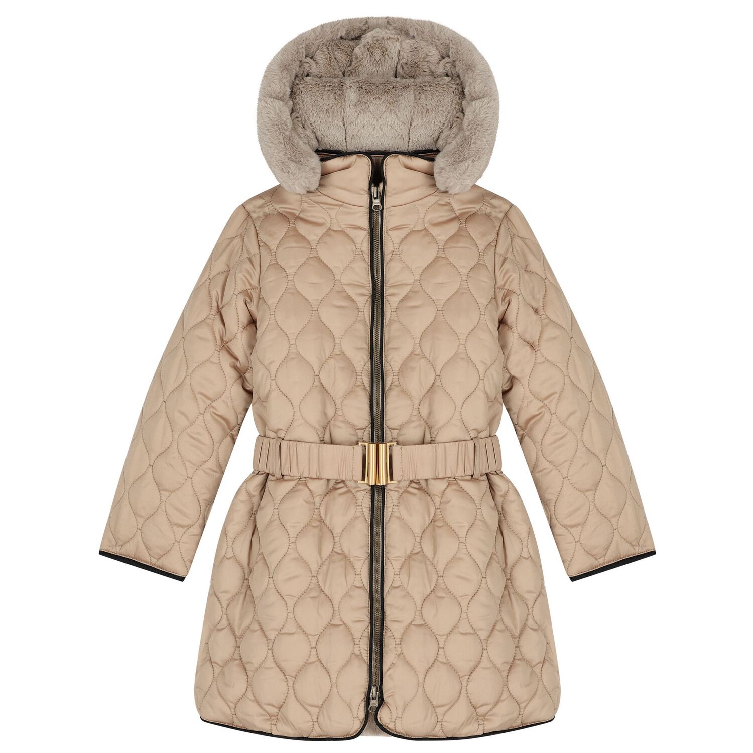 Girls Beige Puffer Coat, 1, hi-res