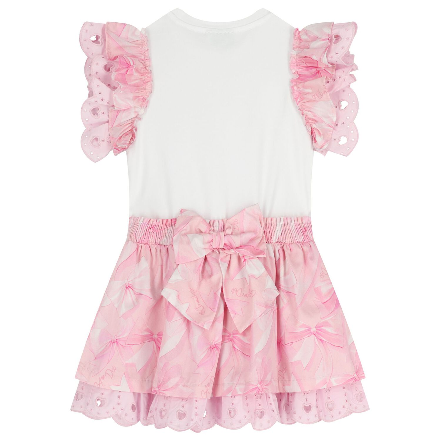 Girls Pink Bow Broderie Anglaise Dress, 1, hi-res