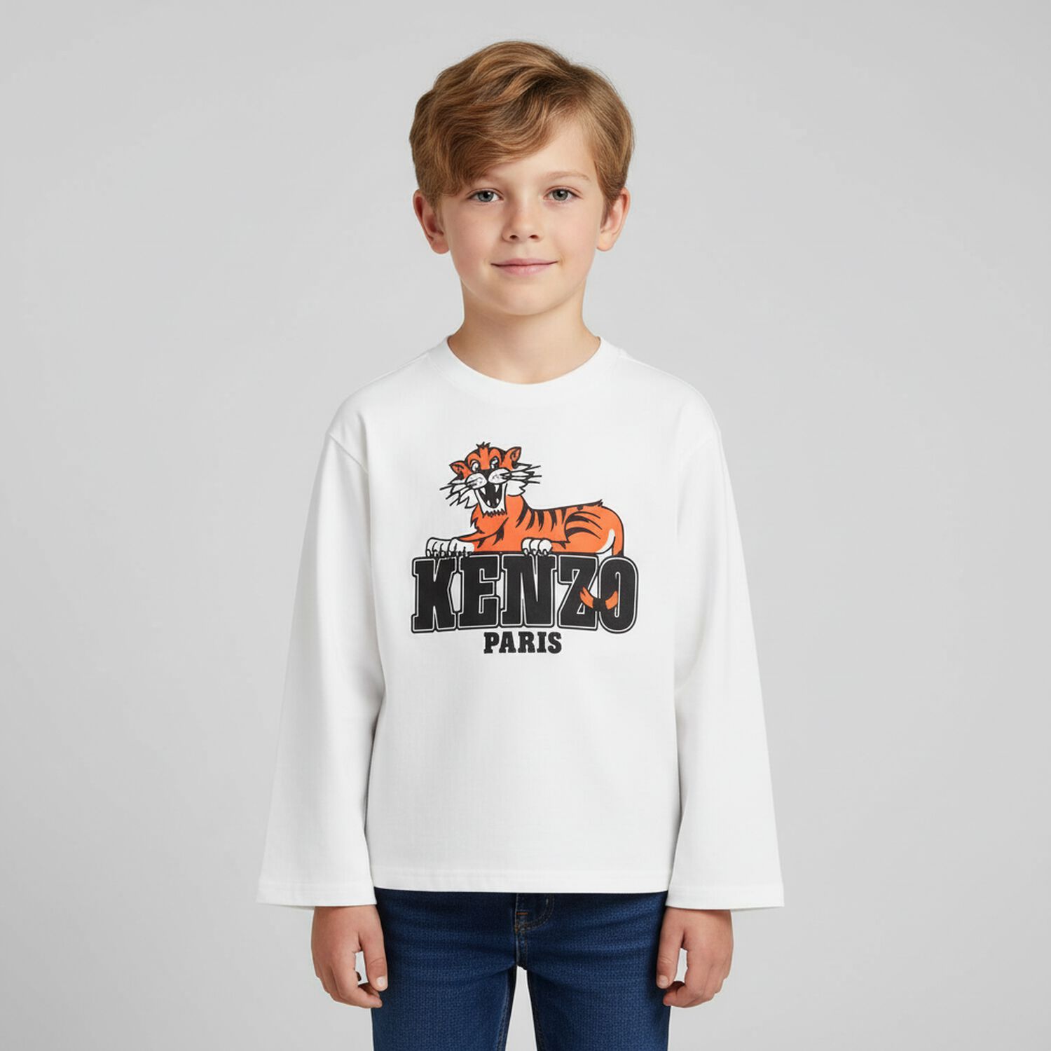 Boys White Tiger Logo Long Sleeve Top, 1, hi-res