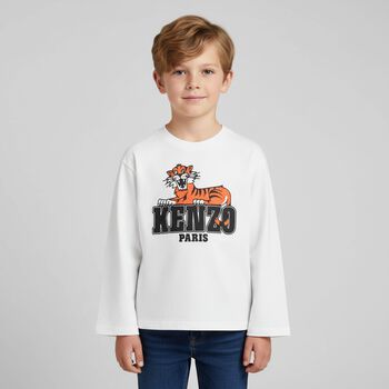 Boys White Tiger Logo Long Sleeve Top