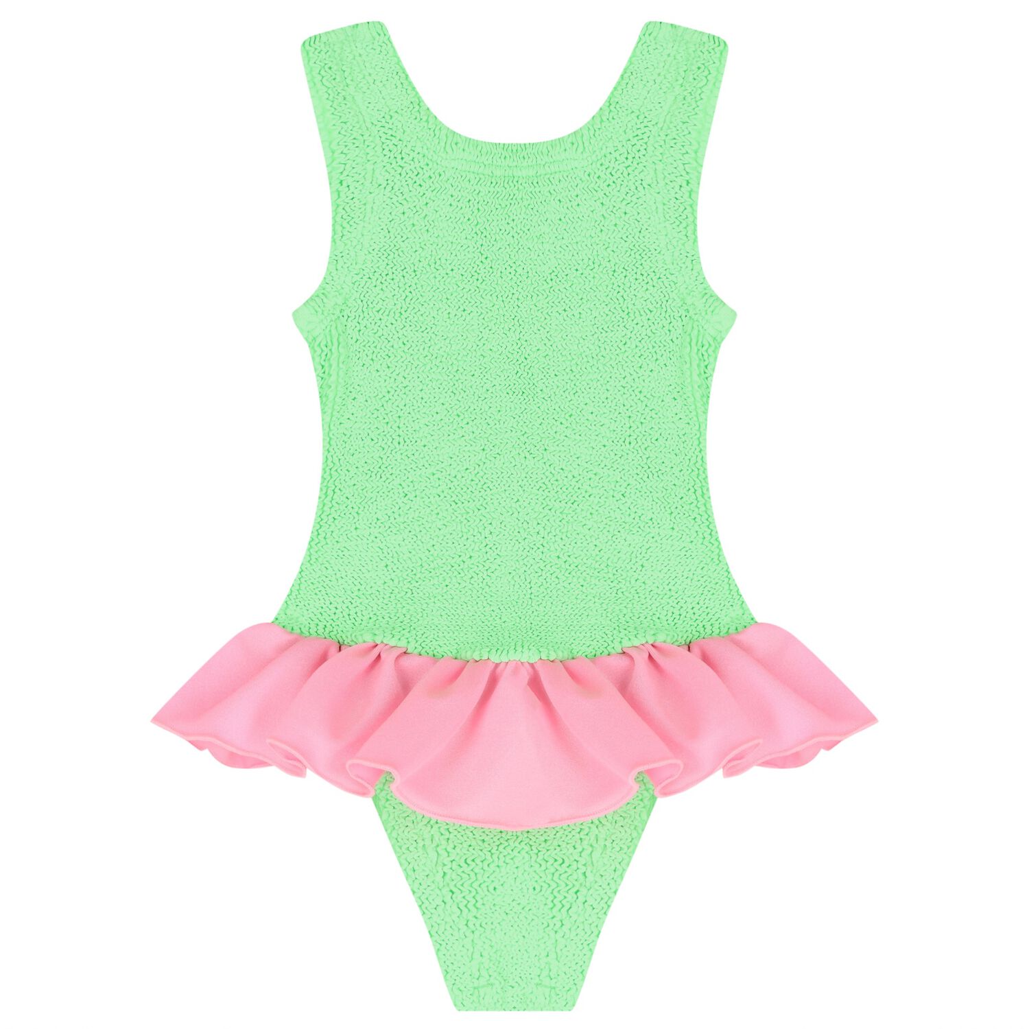 Girls Green & Pink Ruffle Crinkle Swimsuit, 3, hi-res