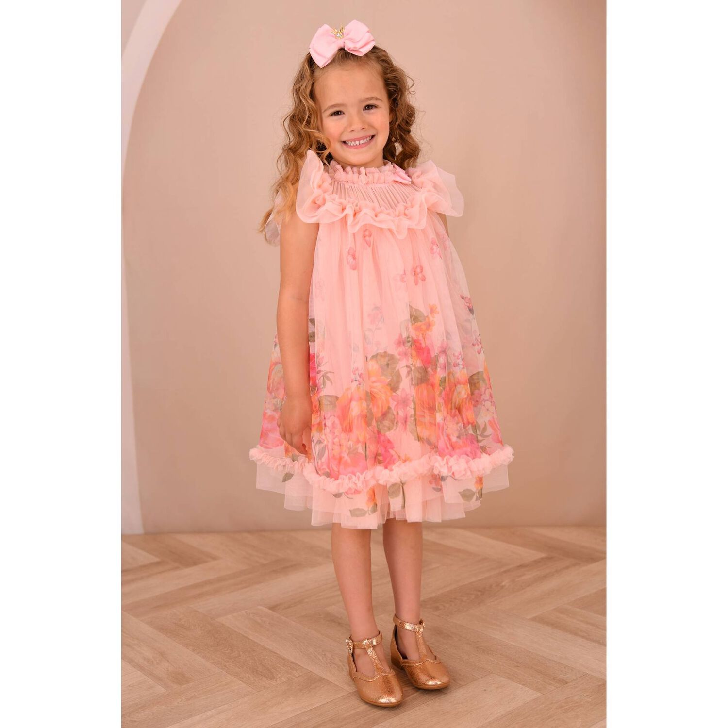 Girls Pink Floral Tulle Dress , 1, hi-res