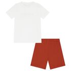 Boys White & Orange Logo Shorts Set, 1, hi-res