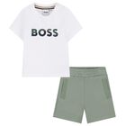 Younger Boys Mini Me White & Green Logo Shorts Set, 1, hi-res