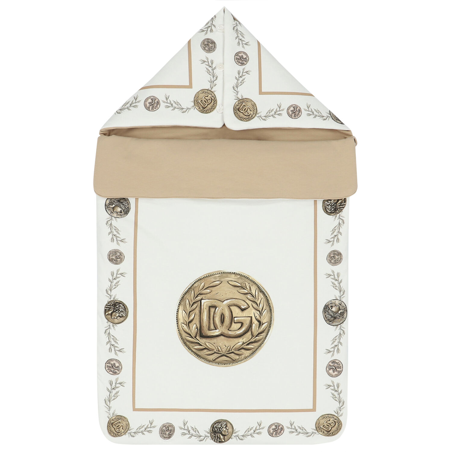 مدس بالشعار بطبعة العملات باللون الابيض والبيج, 1, hi-res image number null