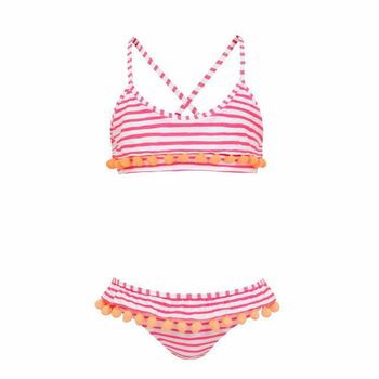 Girls Pink Striped Pom Pom Bikini