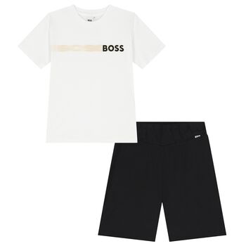 Boys White & Black Logo Shorts Set