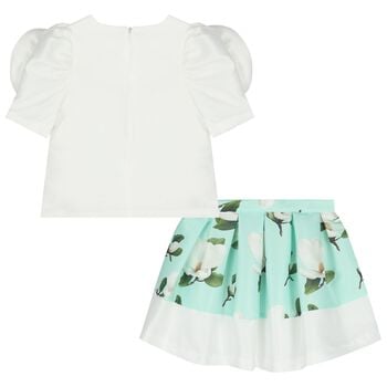 Girls White & Green Floral Skirt Set
