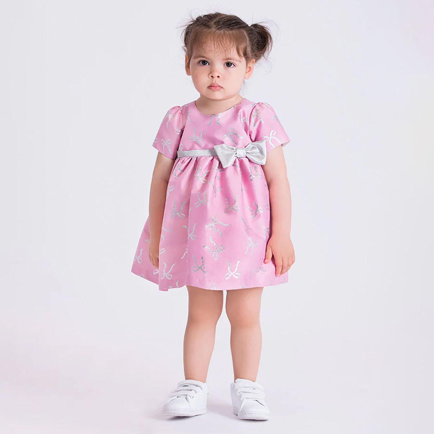 Baby Girls Pink & Silver Bow Dress, 1, hi-res